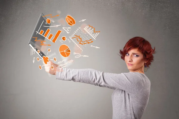 Beautiful lady holding notebook with graphs and statistics — Stock Photo, Image