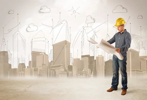 Business engineer planing at construction site with city backgro — Stock Photo, Image