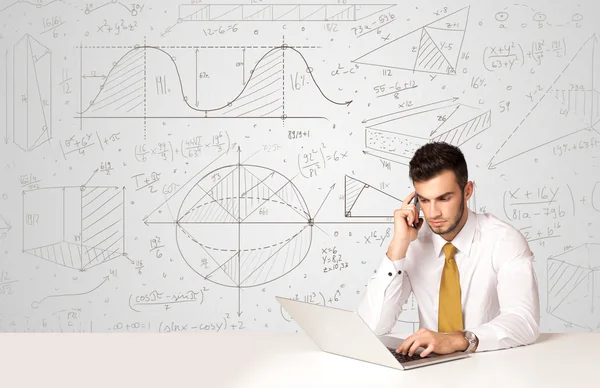 Businessman with business calculations background — Stock Photo, Image