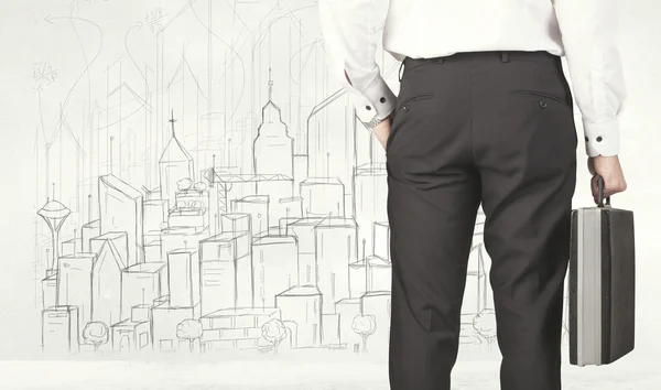 Empresário com vista para a cidade desenhada — Fotografia de Stock