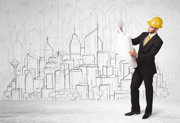 Construction worker with cityscape background — Stock Photo, Image