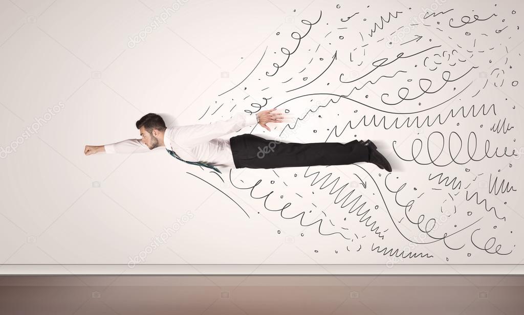 Business man flying with hand drawn lines comming out 