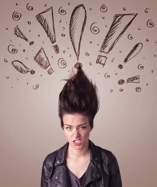 Young woman with hair style and hand drawn exclamation signs — Stock Photo, Image