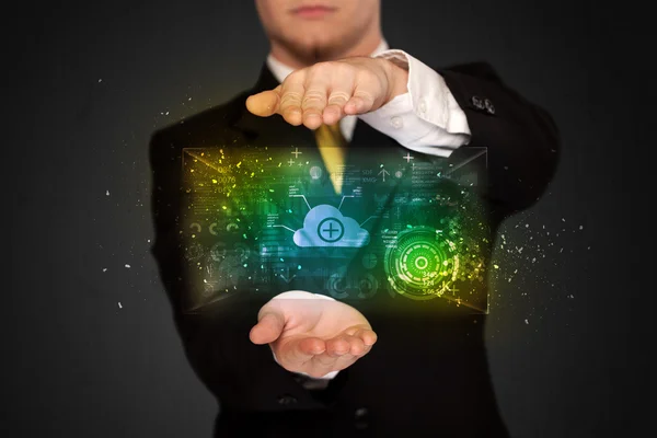 Businessman holding data cloud — Stock Photo, Image