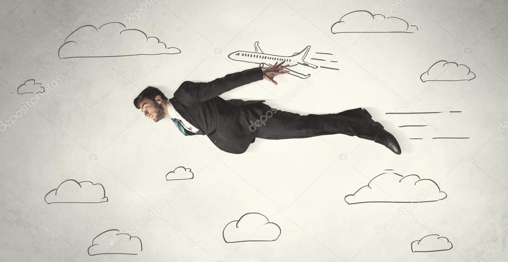 Cheerful business person flying between hand drawn sky clouds