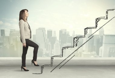 Business woman climbing up on hand drawn staircase concept clipart