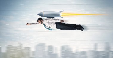 Superhero business man flying with jet pack rocket above the cit clipart