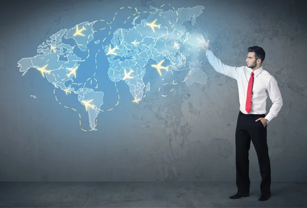 Business person showing digital map with planes around the world — Stock Photo, Image