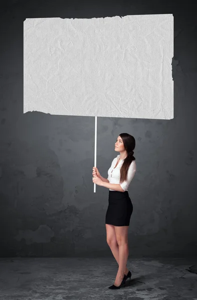 Empresaria con papel de folleto en blanco — Foto de Stock