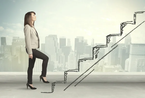 Business woman climbing up on hand drawn staircase concept — Stock Photo, Image