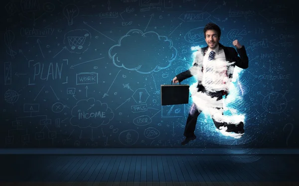 Feliz hombre de negocios saltando con la nube de tormenta a su alrededor — Foto de Stock