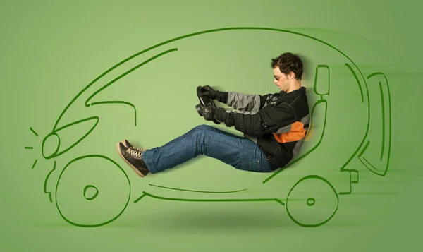 Man drives an eco friendy electric hand drawn car — Stock Photo, Image