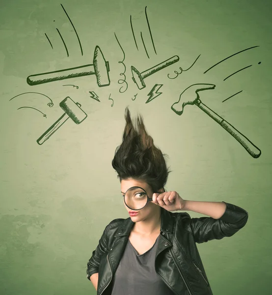 Tired woman with hair style and headache hammer symbols — Stock Photo, Image