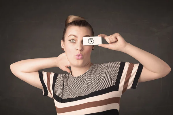 Funny woman looking with hand drawn paper eyes — Stock Photo, Image