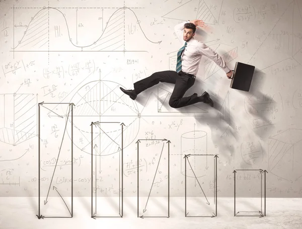 Fast business man jumping up on hand drawn charts — Stock Photo, Image