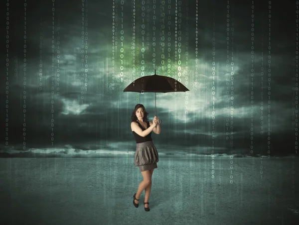 Business woman standing with umbrella data protection concept — Stock Photo, Image