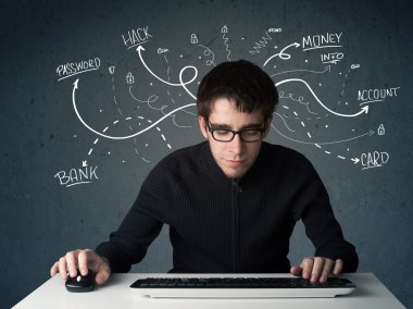 Beyaz çizgili düşünceleri olan genç bir hacker.