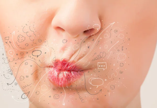 Pretty woman mouth blowing hand drawn icons and symbols — Stock Photo, Image