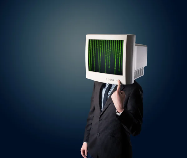 Cyber human with a monitor screen and computer code on the displ — Stock Photo, Image