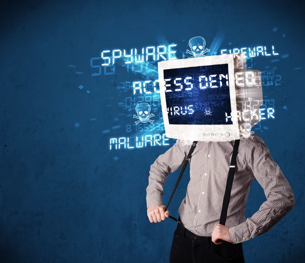 Monitor head person with hacker type of signs on the screen — Stock Photo, Image