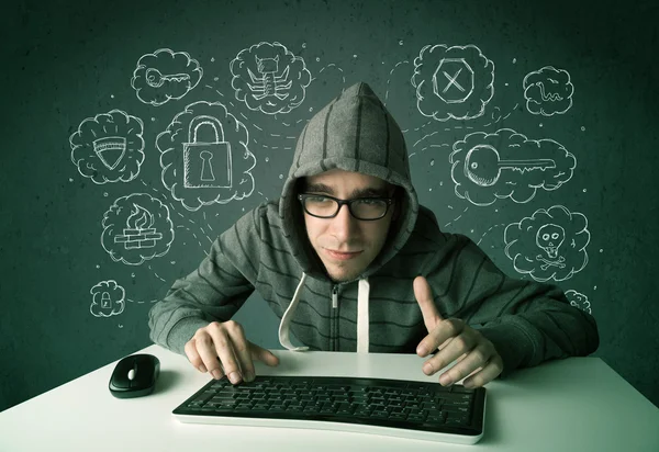 Junger Nerd-Hacker mit Viren und Hackergedanken — Stockfoto