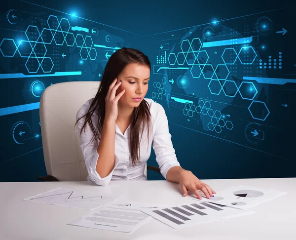 Businesswoman doing paperwork with futuristic background — Stock Photo, Image