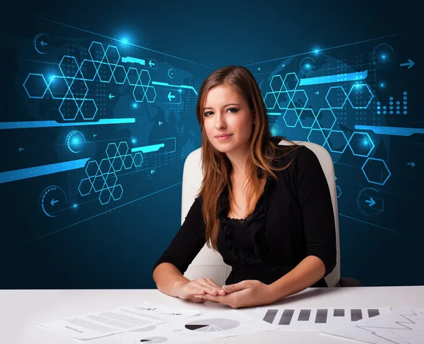 Businesswoman doing paperwork with futuristic background — Stock Photo, Image