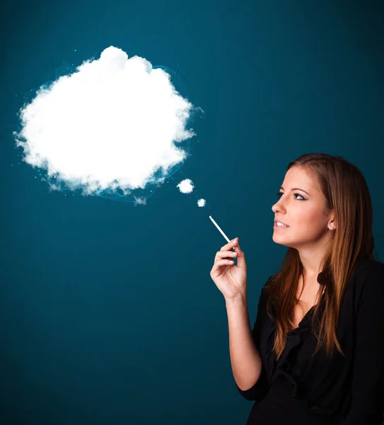 Young woman smoking unhealthy cigarette with dense smoke — Stock Photo, Image