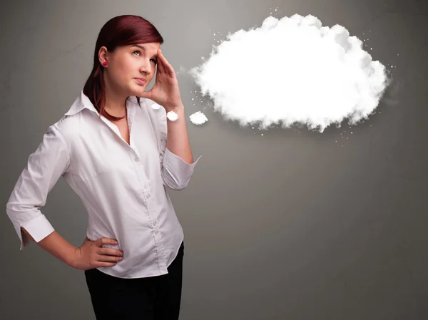 Pretty lady thinking about cloud speech or thought bubble with c — Stock Photo, Image