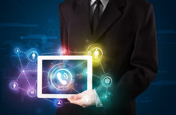 Businessman showing social networking technology with colorful l — Stock Photo, Image
