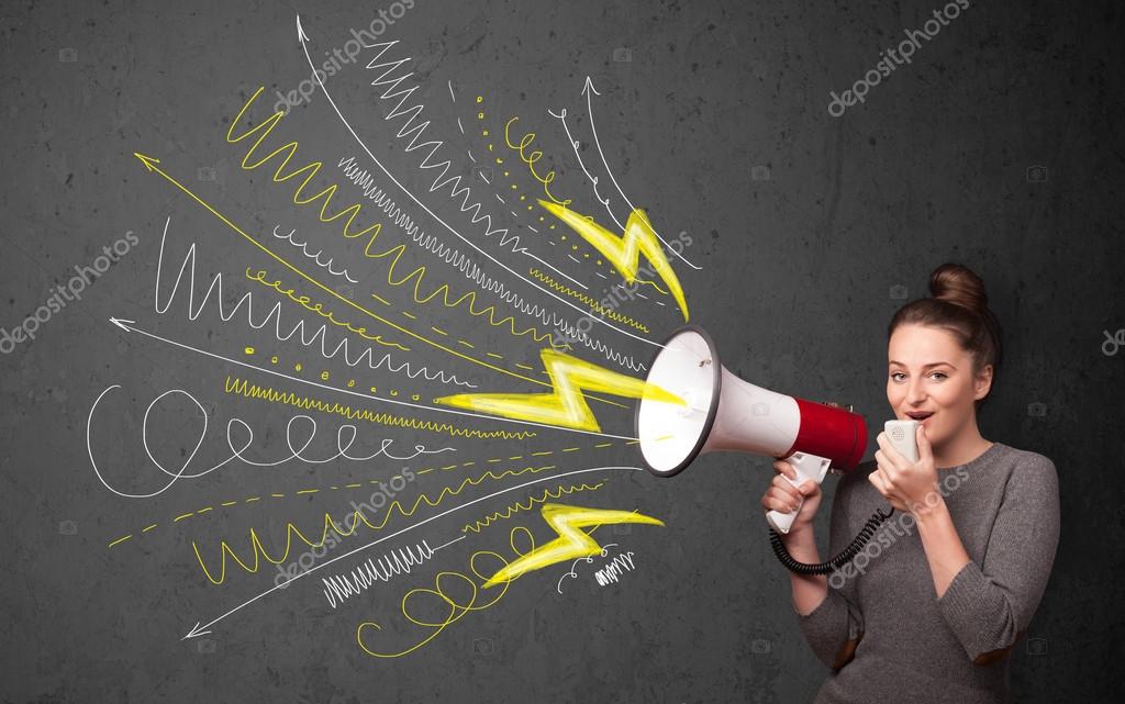 Громкоговоритель с микрофоном. Девушка с громкоговорителем. Голос за кадром в передачах. Звуковая реклама. Голос реклама.