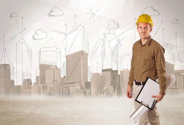 Business engineer planing at construction site with city backgro — Stock Photo, Image