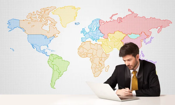 Business man with colorful world map background — Stock Photo, Image