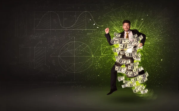 彼の周りにドル紙幣で飛び回る陽気なビジネスマン — ストック写真
