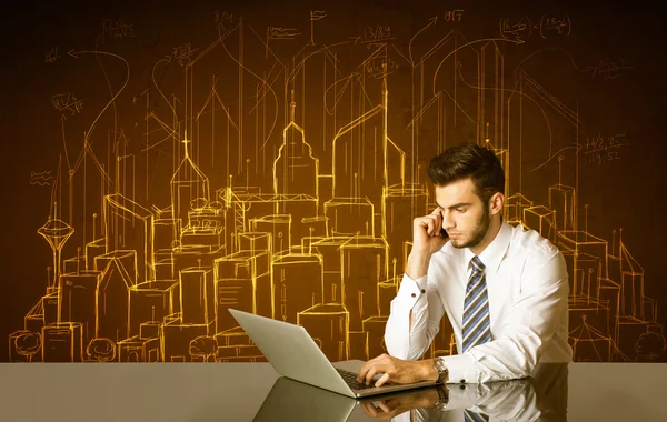 Businessman with buildings and numbers — Stock Photo, Image