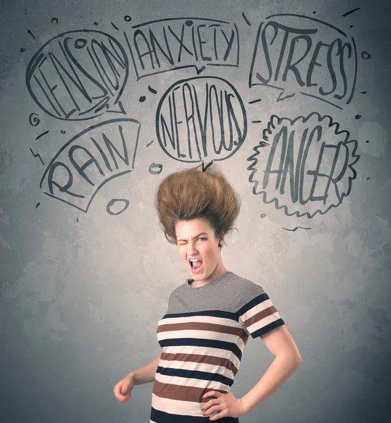 Mad young woman with extreme haisrtyle and speech bubbles — Stock Photo, Image