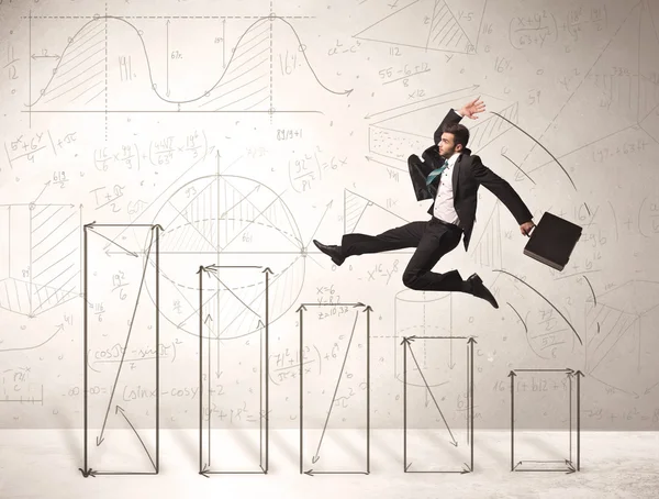 Fast business man jumping up on hand drawn charts — Stock Photo, Image