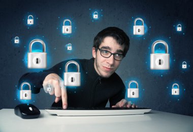 sanal kilit simgeleri ve simge ile genç hacker