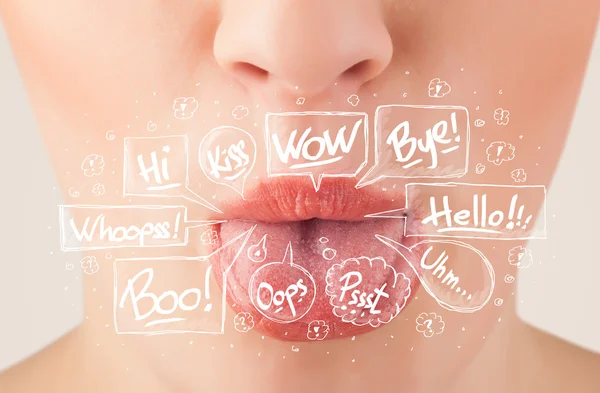 Beautiful red lips with white speech bubbles — Stock Photo, Image