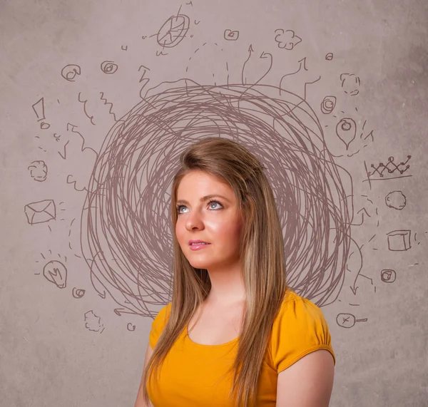 Pretty young girl with abstract circular doodle lines and icons — Stock Photo, Image