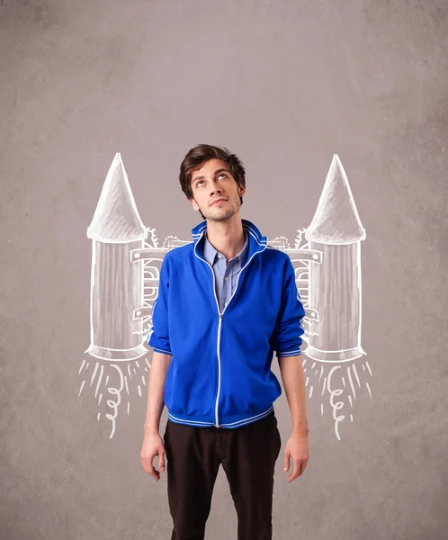 Cute man with jet pack rocket drawing illustration — Stock Photo, Image