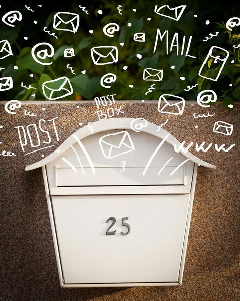 Postbox with white hand drawn mail icons — Stock Photo, Image