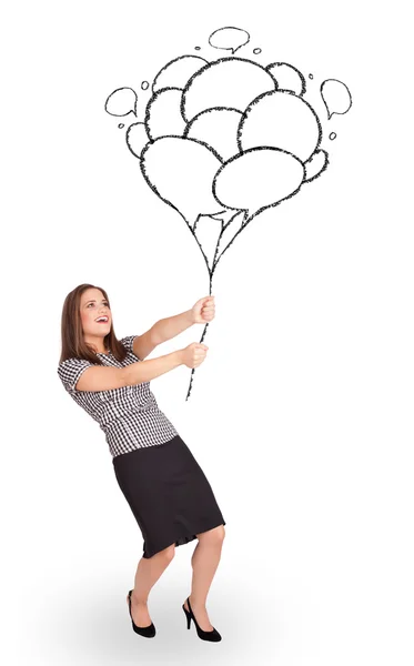 Happy woman holding balloons drawing — Stock Photo, Image