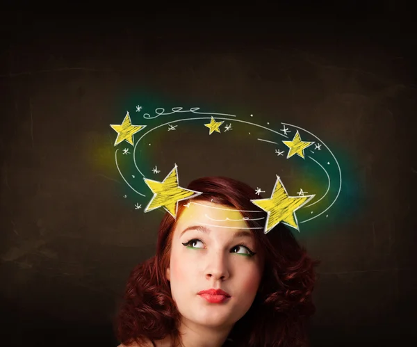 Girl with yellow stars circleing around her head illustration — Stock Photo, Image