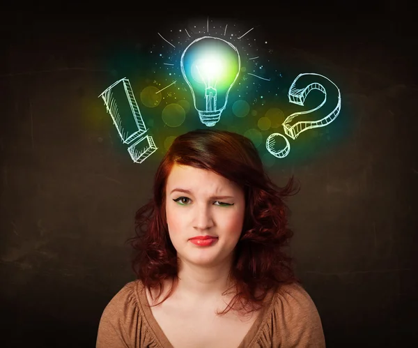 Young preety teenager with hand drawn light bulb illustration — Stock Photo, Image