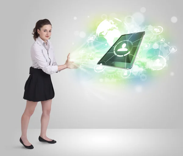 Business girl showing modern tablet technology concept — Stock Photo, Image