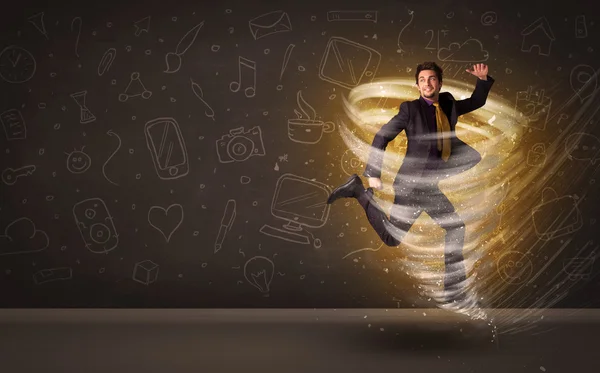 Happy businessman jumping in tornado concept — Stock Photo, Image