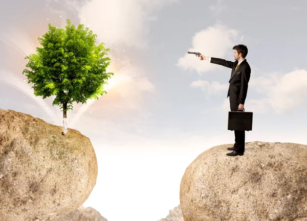 Businessman on rock mountain with a tree — Stock Photo, Image