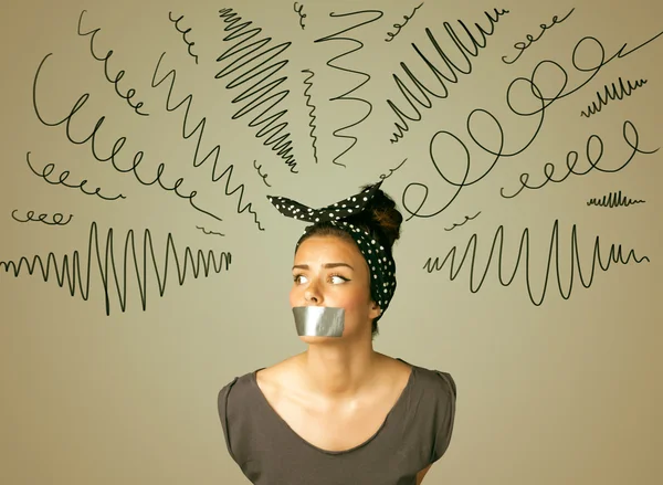 Young woman with glued mouth and curly lines — Stock Photo, Image