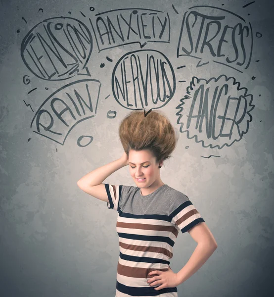 Mad young woman with extreme haisrtyle and speech bubbles — Stock Photo, Image